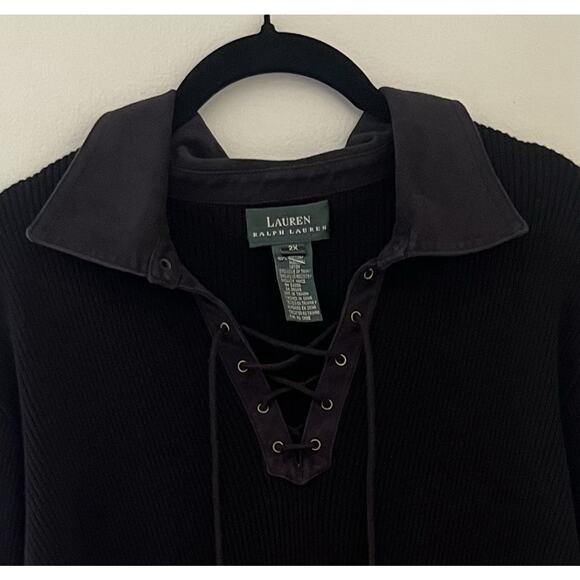 Lauren Ralph Lauren Black Lace Up Ribbed Knit Sweater Tunic Top 2XL Equestrian - Picture 6 of 10